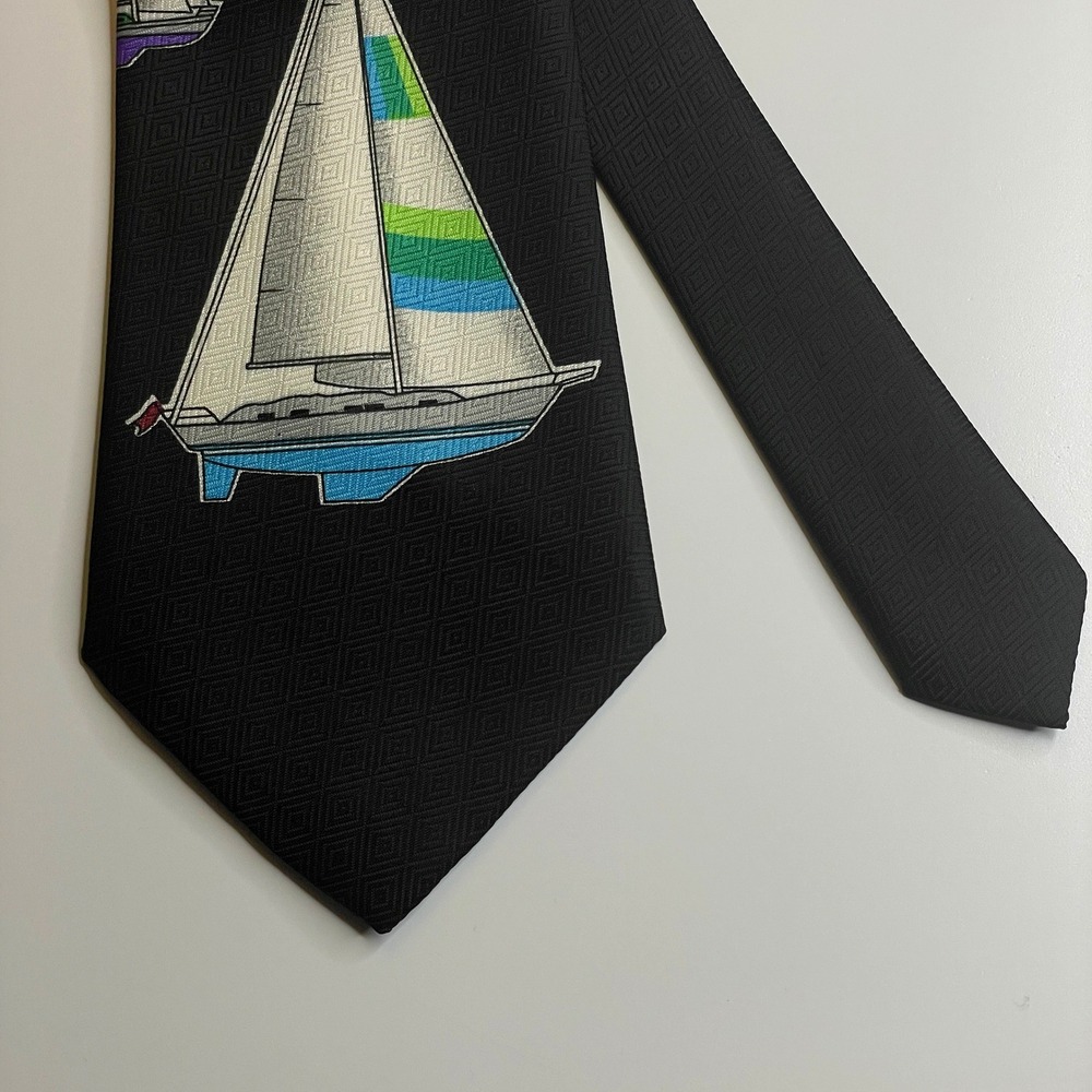 Vintage Sailboat Necktie Mens Black Multi Silk Country Club Preppy Old Money
